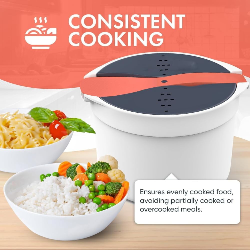 Microwave Rice Cooker Steamer, Microwave Pasta Cooker with Strainer, 2 L Microwave Cookware Set for Rice, Pasta, Vegetables, Quinoa, Oatmeal, Ramen Non stick (orange)