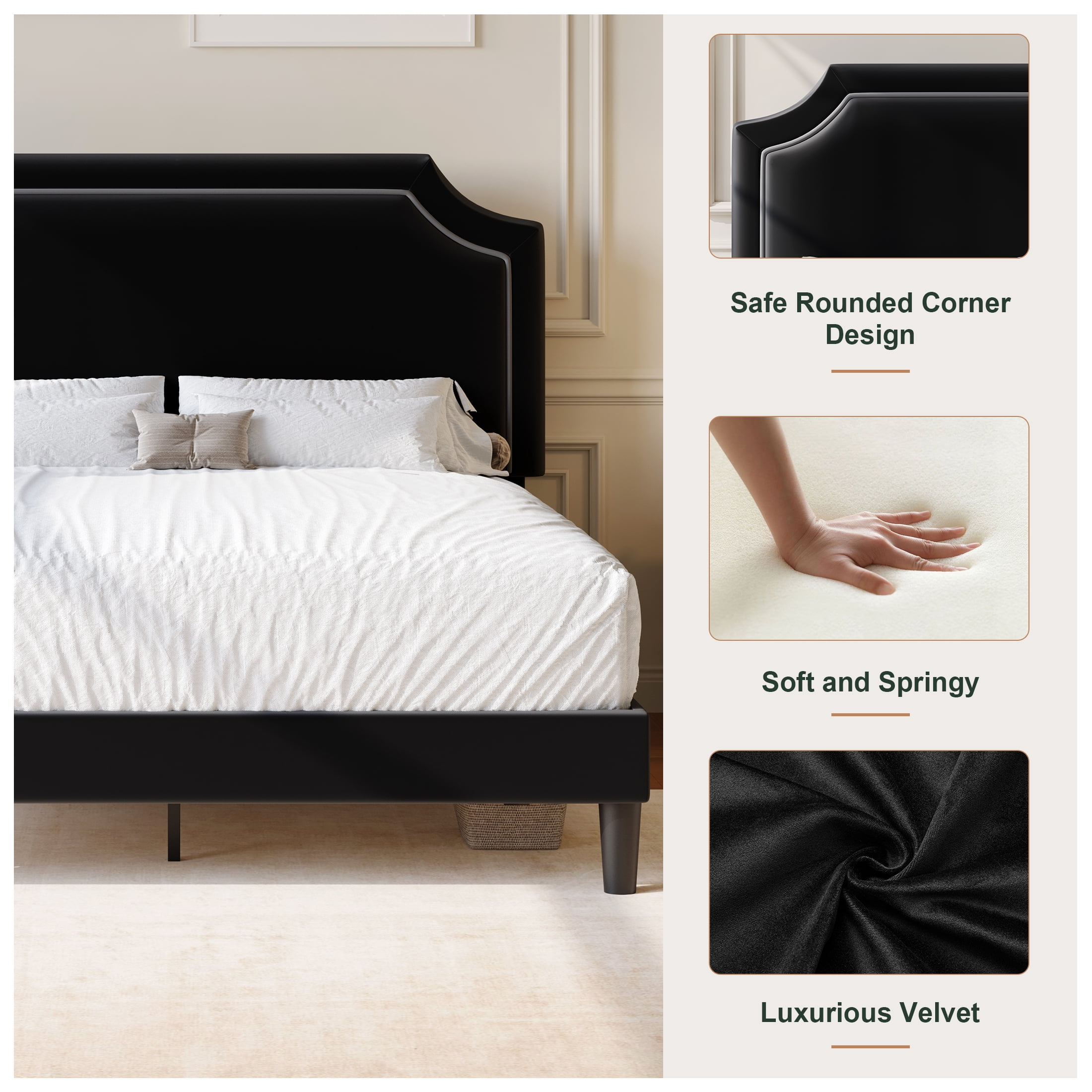 Amolife Queen Bed Frame, Upholstered Platform Bed with Streamlined Adjustable Headboard, No Box Spring Required, Black, Velvet
