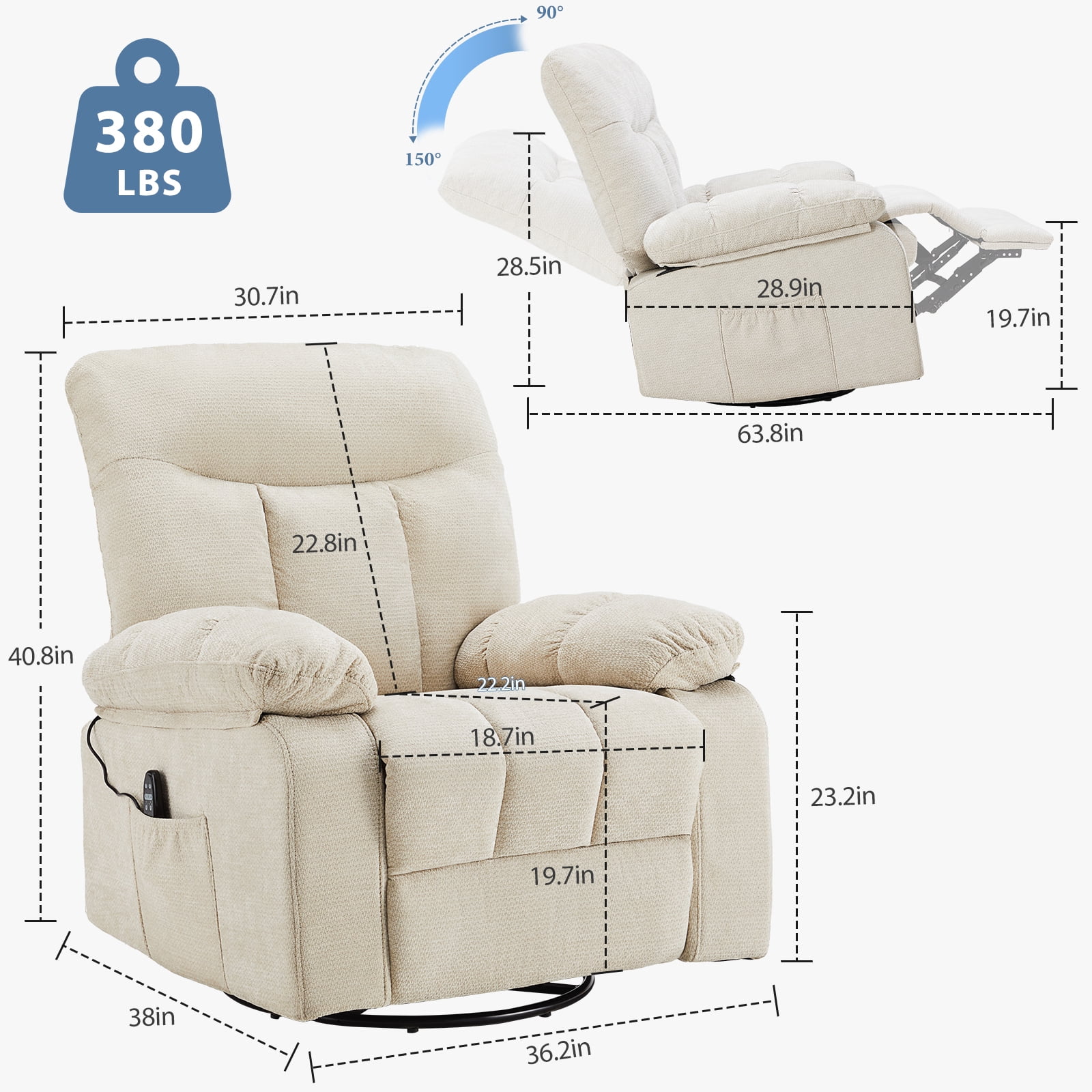 CONCETTA Manual Swivel Recliner Chair with Heating and Vibration Massage，Beige