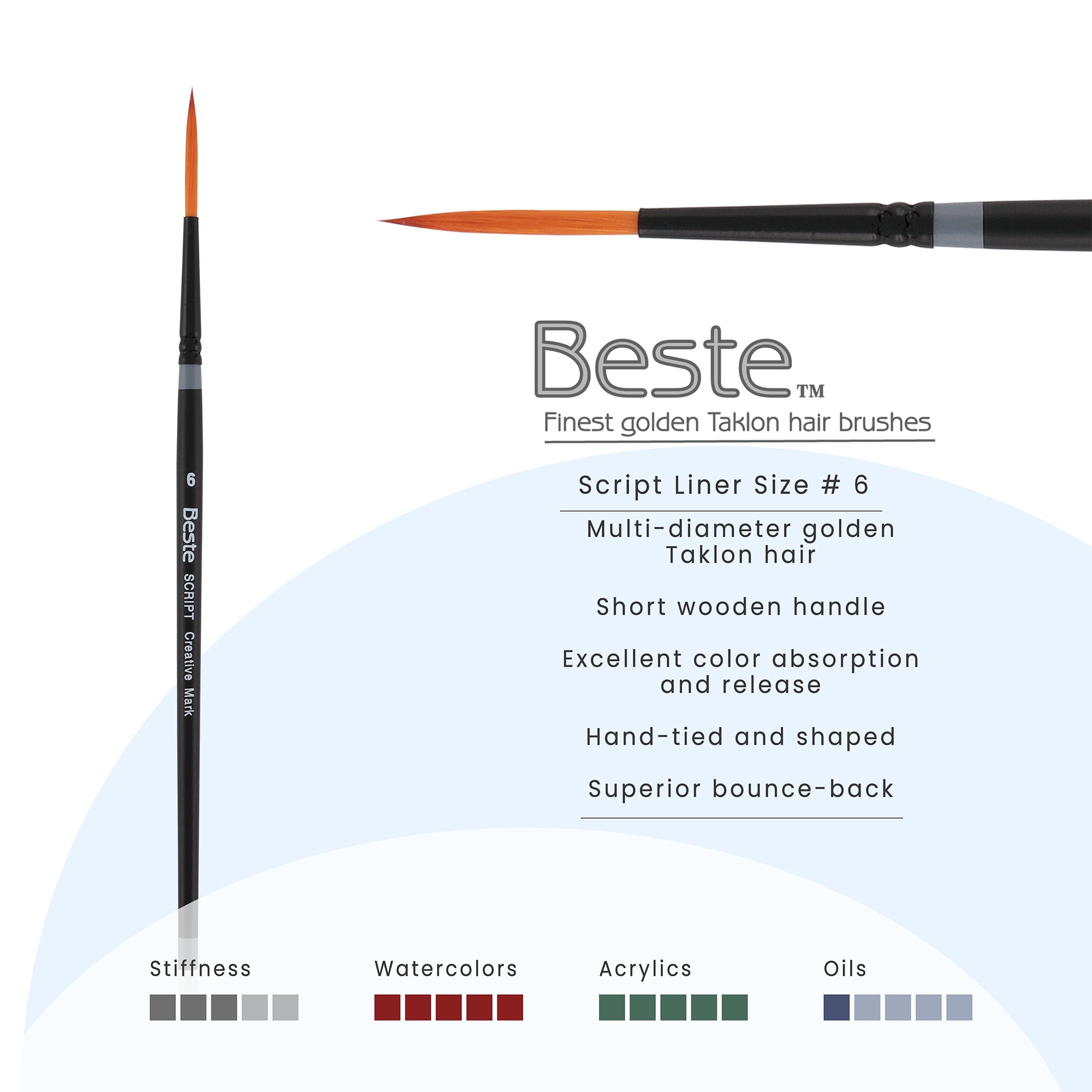 Creative Mark Beste Golden Taklon Script Liner #6 - 3 Pack Artist Paint Brush, Professional Watercolor Brushes, For Acrylic Painting, Short Handle, Sharp Edges, Hand-Tied & Shaped
