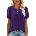thumbnail image 2 of Craaazy Women Casual Round Neck Blouse, Solid Color Short Sleeve Puff Sleeve Top, Loose Fit Comfy Ruched Front Tee for Daily Wear Gifts, 2 of 5