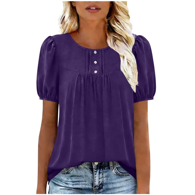 BLVB Plus Size Womens Summer Tops Puff Short Sleeve Crew Neck Pleated T Shirts Button Loose Dressy Casual Tunic Blouses