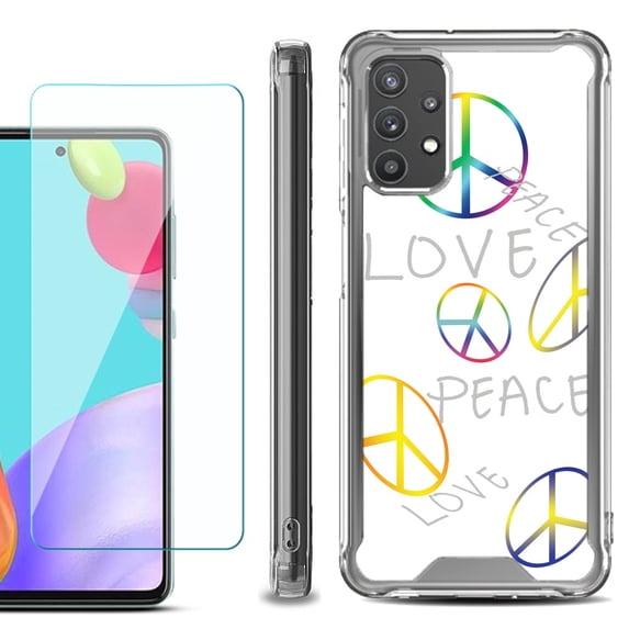 Shockproof Bumper Phone Case for Samsung Galaxy A52 5G, with Tempered Glass Screen Protector, by OneToughShield ® - Love/Peace