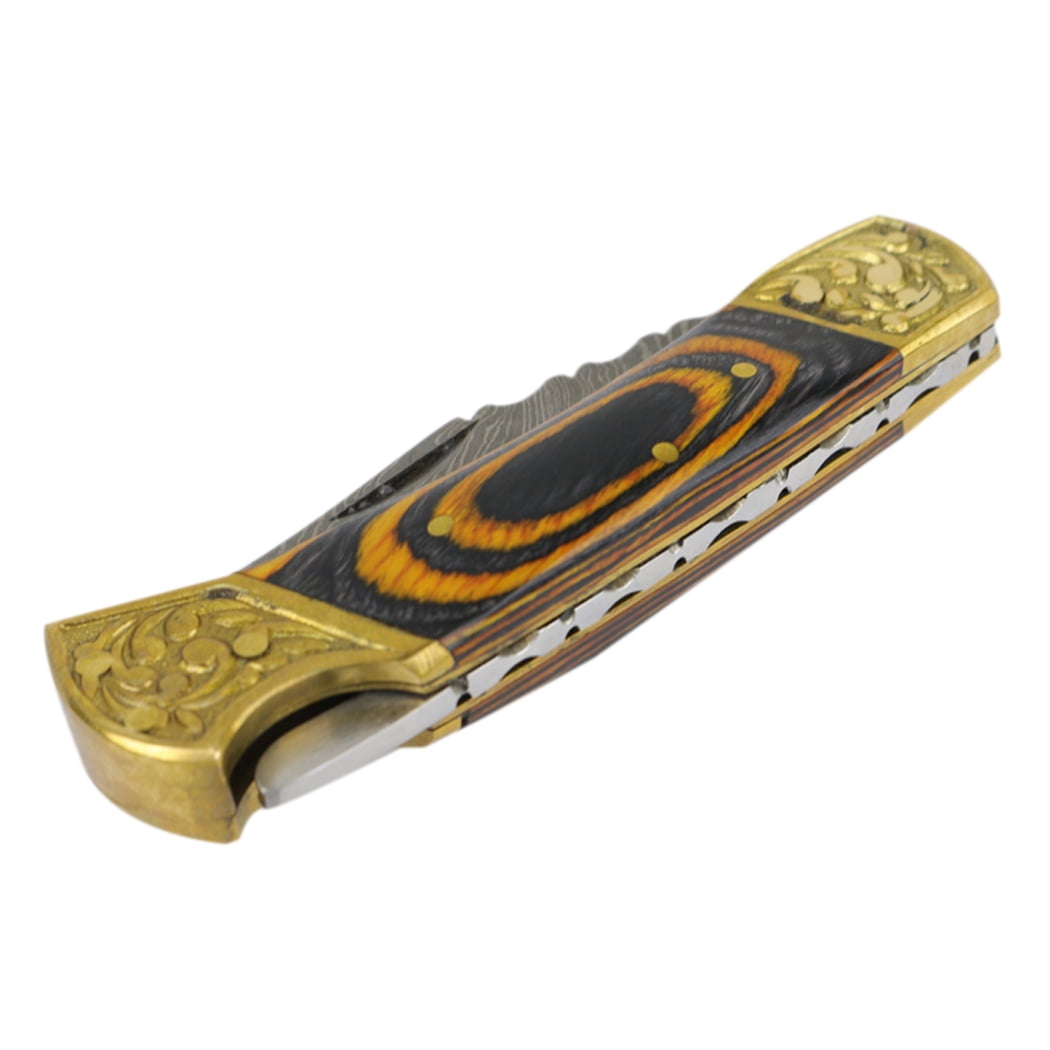 TheBoneEdge 7' Hand Made Damascus Blade Folding Knife Pakkawood Handle Burnt Finish