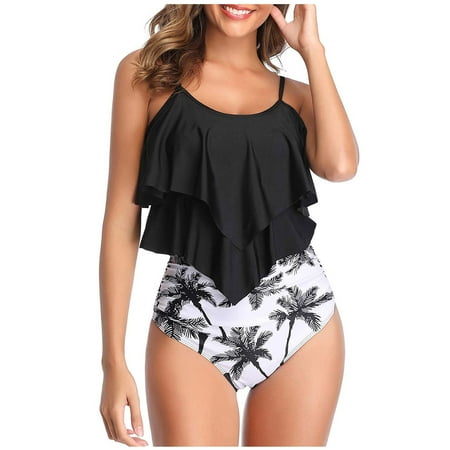 SOOMLON Women High Waisted Bikini Set Bathing Suits Ruffle Swimsuit Beach Bikini Floral Bikini Summer Swimwear Fresh Trends Styles Happy Easter Cute Stuff Black S