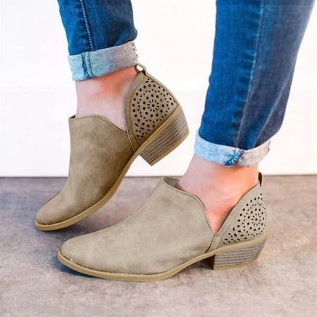 

wofedyo ankle boots for women Women s Fashion Hollow Round Toe Shallow Mouth Heel Solid Color Short Boots black ankle boots for women