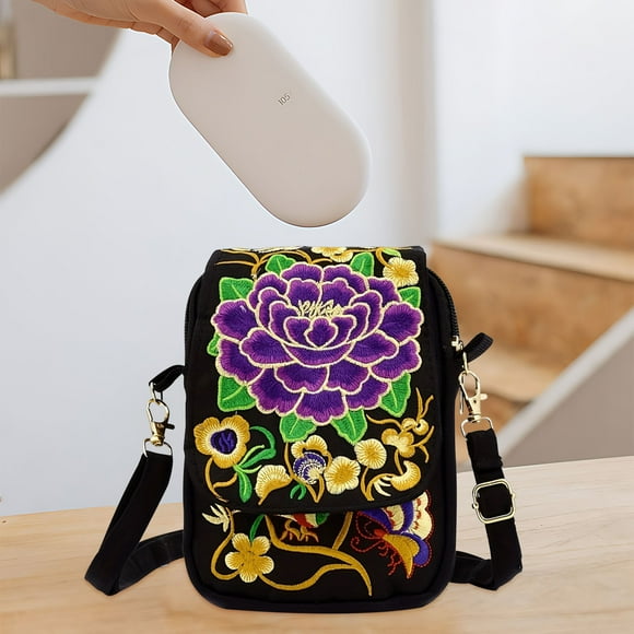 Minibolso Lisbinx estilo étnico Yunnan para mujer, bolso bordado para teléfono, funda plegable, elegante bolso bordado, accesorio de viaje para uso diario.