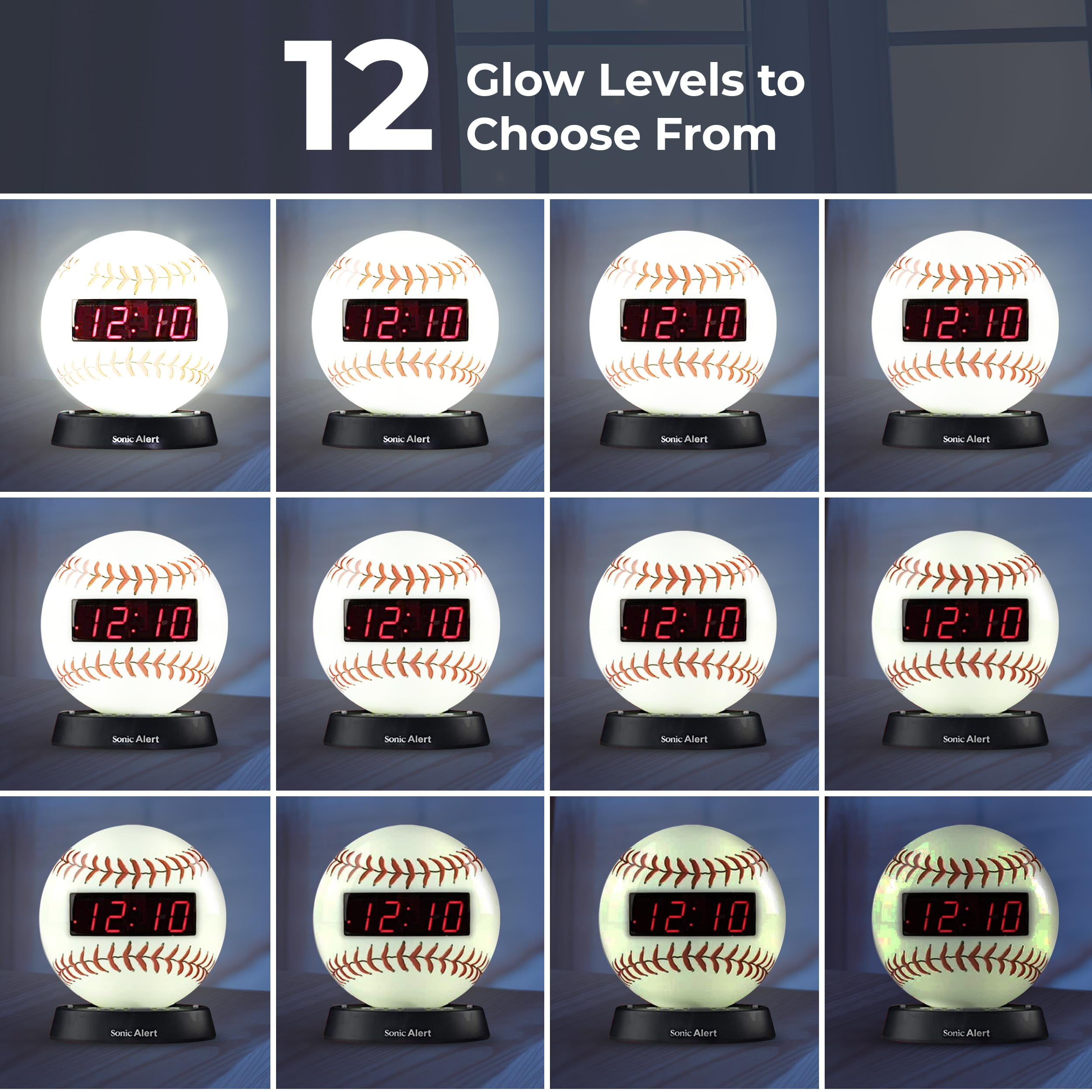 Sonic Alert - Glow Baseball Alarm Clock, Digital Display Alarm Clock for Kids - White