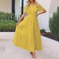 thumbnail image 2 of JSheng Summer Dress for Women Women's Fashion Solid Color Short Sleeve V-Neck Pleated Elastic Waist Maxi Dresses Yellow S, 2 of 5