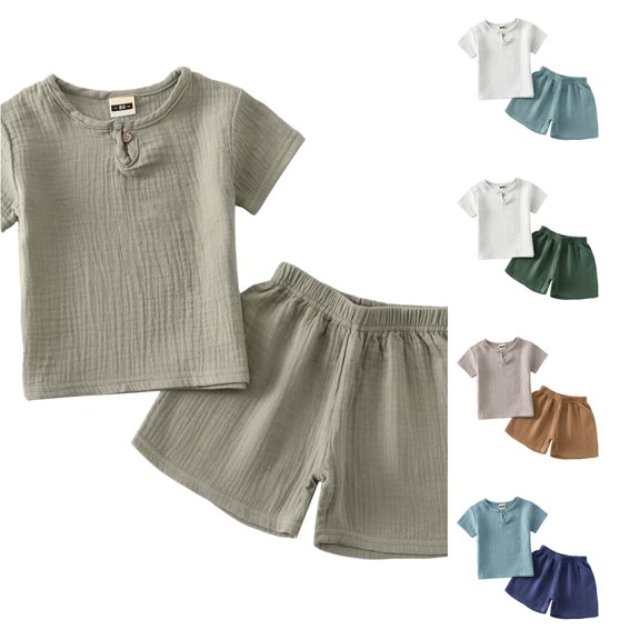 HCYSFG Boys Solid Color Outfit Sets 2 Piece Button Top And Elastic Waist Shorts Short Sleeve Henley Neck Clothing Sets Matching Sets