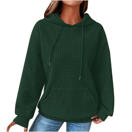 Hoodies for Women Drawstring Fall Fashion Solid Waffle Long Sleeve Pullover Hooded Sweatshirts with Pockets