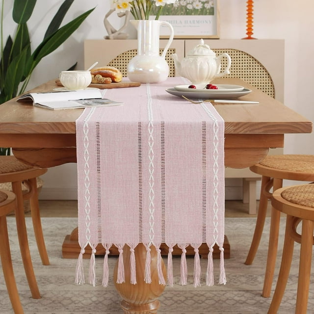 XINQIHANG Farmhouse Table Runner Rustic Style 13\u201c x 72\u201d, Braided Striped Linen Fall Table Runner 72 Inches Long with Tassels for Dining Room Kitchen Reading Dresser Décor,Pink