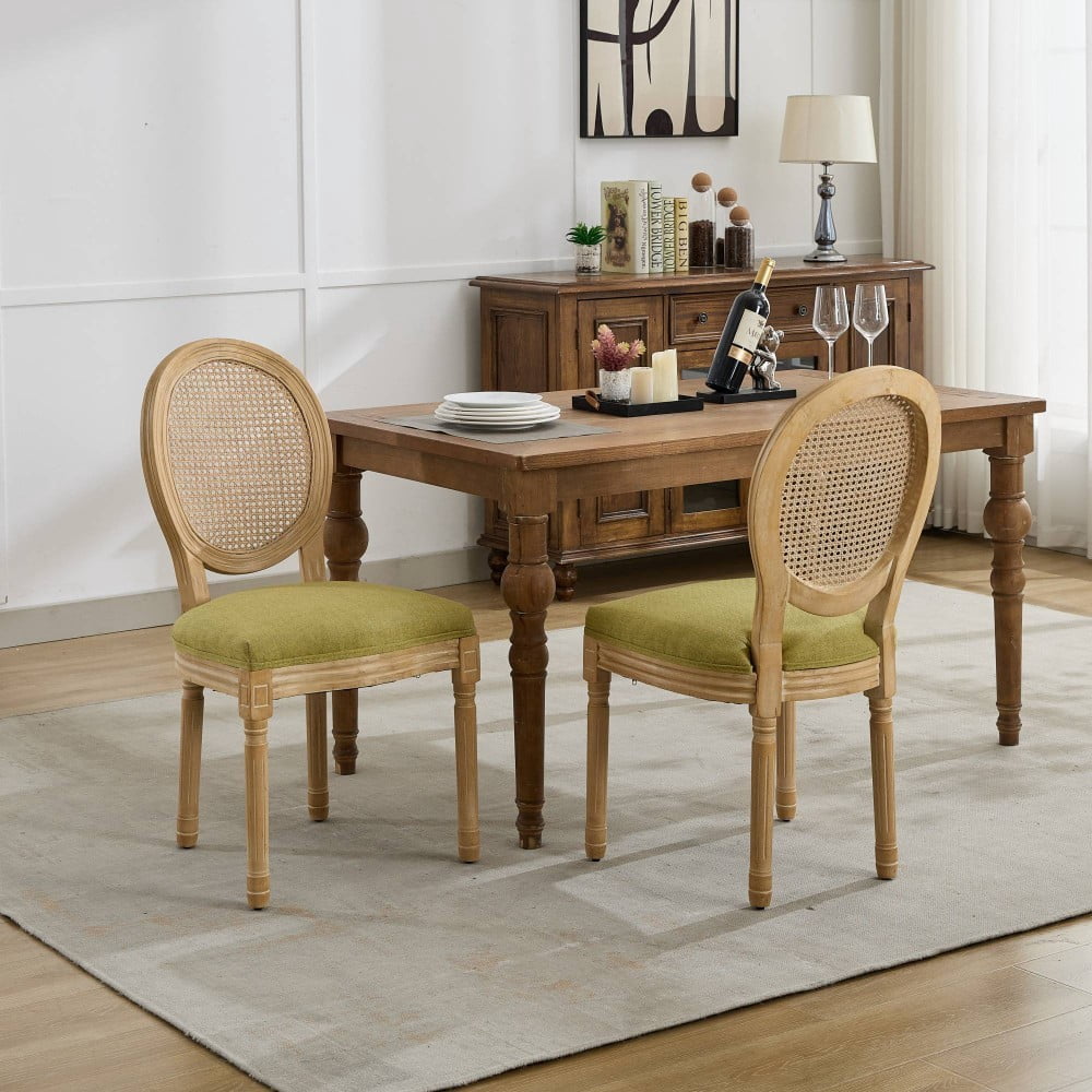 French Style Dining Chairs Set of 2, Solid Wood Upholstered Kitchen Chairs with Rattan Backrest, Linen Fabric, Antique Finish, Olive Green