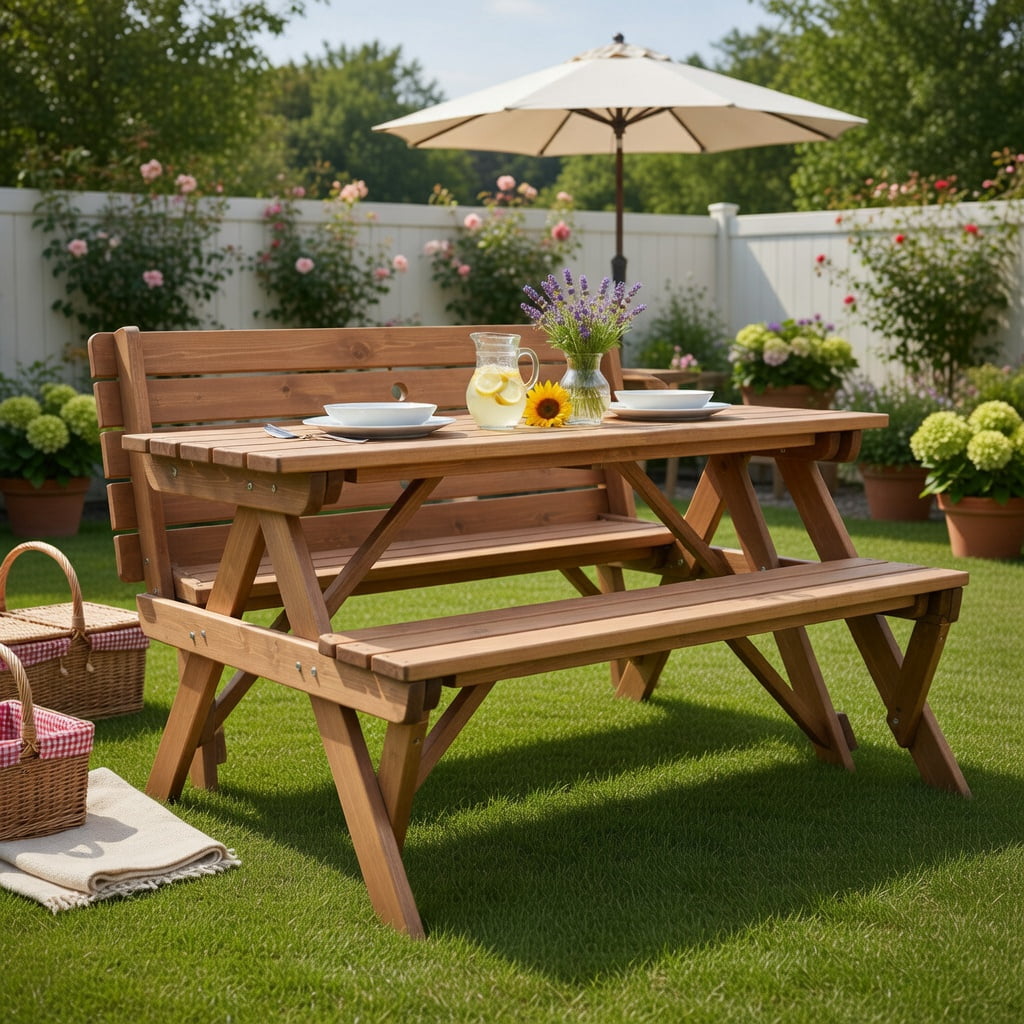 Hommoo 2-in-1 Transformable Wooden Picnic Table & Garden Bench with Umbrella Hole, Fir Wood Outdoor Furniture for Patio, Backyard, or Deck, Dark Brown