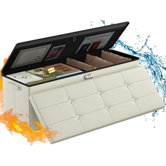 Storage Ottoman,Fireproof Folding Storage Bench with Lock(15”x 43”x15”),Waterproof Leather Storage Bench Chest with Handles＆2 Extra Storage Boxes,Storage Safe for Living Room,Bedroom,Beige