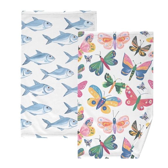 Ryvnso 2 PCs Hand Towels Sets Blue Fish Cotton Face Towel butterfly Pattern