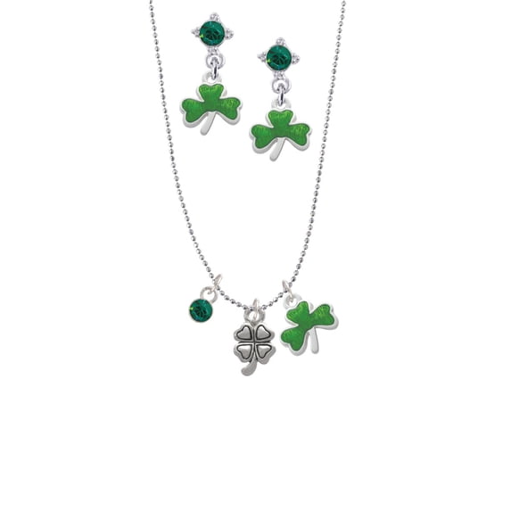 Delight Jewelry Silvertone Mini Four Leaf Clover Green Shamrock Necklace and Clover Earrings Jewelry Set