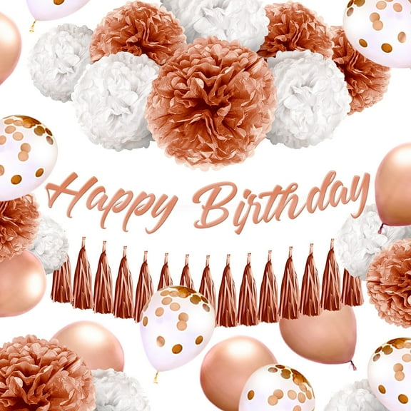EpiqueOne Rose Gold Birthday Decoration Set with Banner, Pom Poms, Balloons, and Tassels