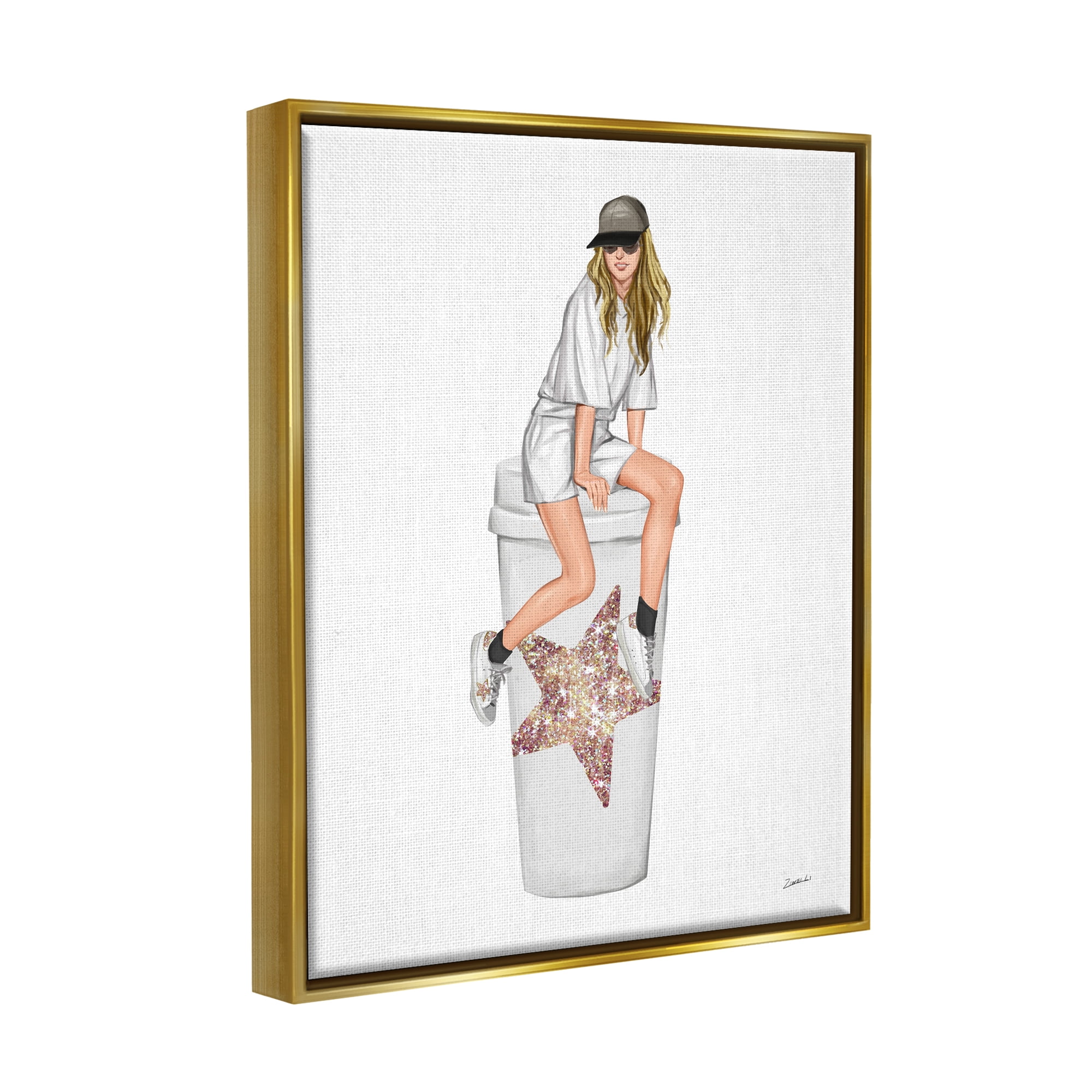 Stupell Industries Trendy Fashionable Girl Coffee Cup Beauty & Fashion Painting Gold Floater Framed Art Print Wall Art