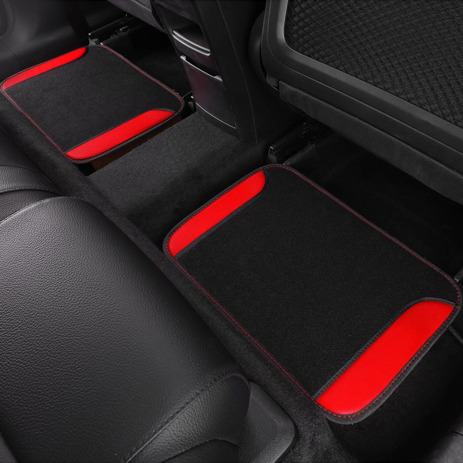 CAR GRAND Faux Leathercar Steering Wheel Cover Combo Pack Car Floor Mats, Universal Fit Waterproof Anti-slip Carpet 14.5-15 Inches Red & Black