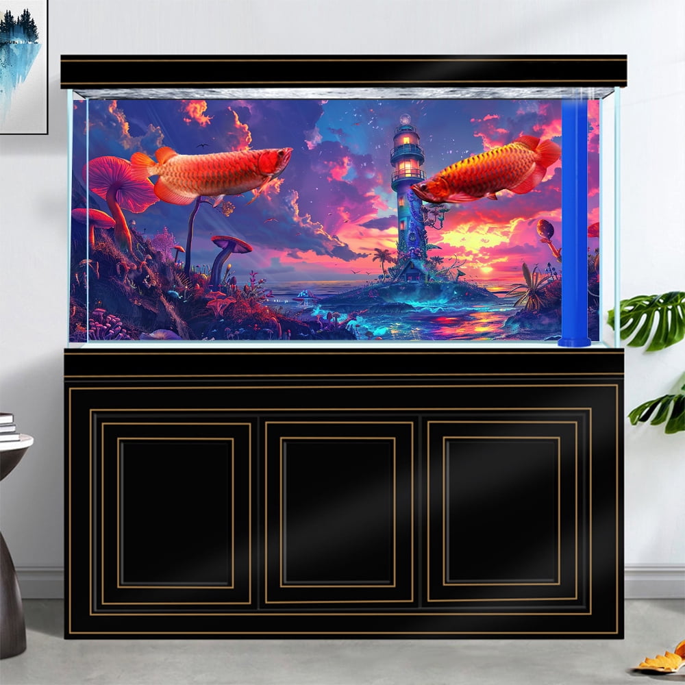 Aquarium Background with Cloud Sky Design, Fantasy Landscape Tapestry Trippy Neon Galaxy Space Fish Tank, Nature Lighthouse Lake Tapestry Wall Hanging Decor for Home