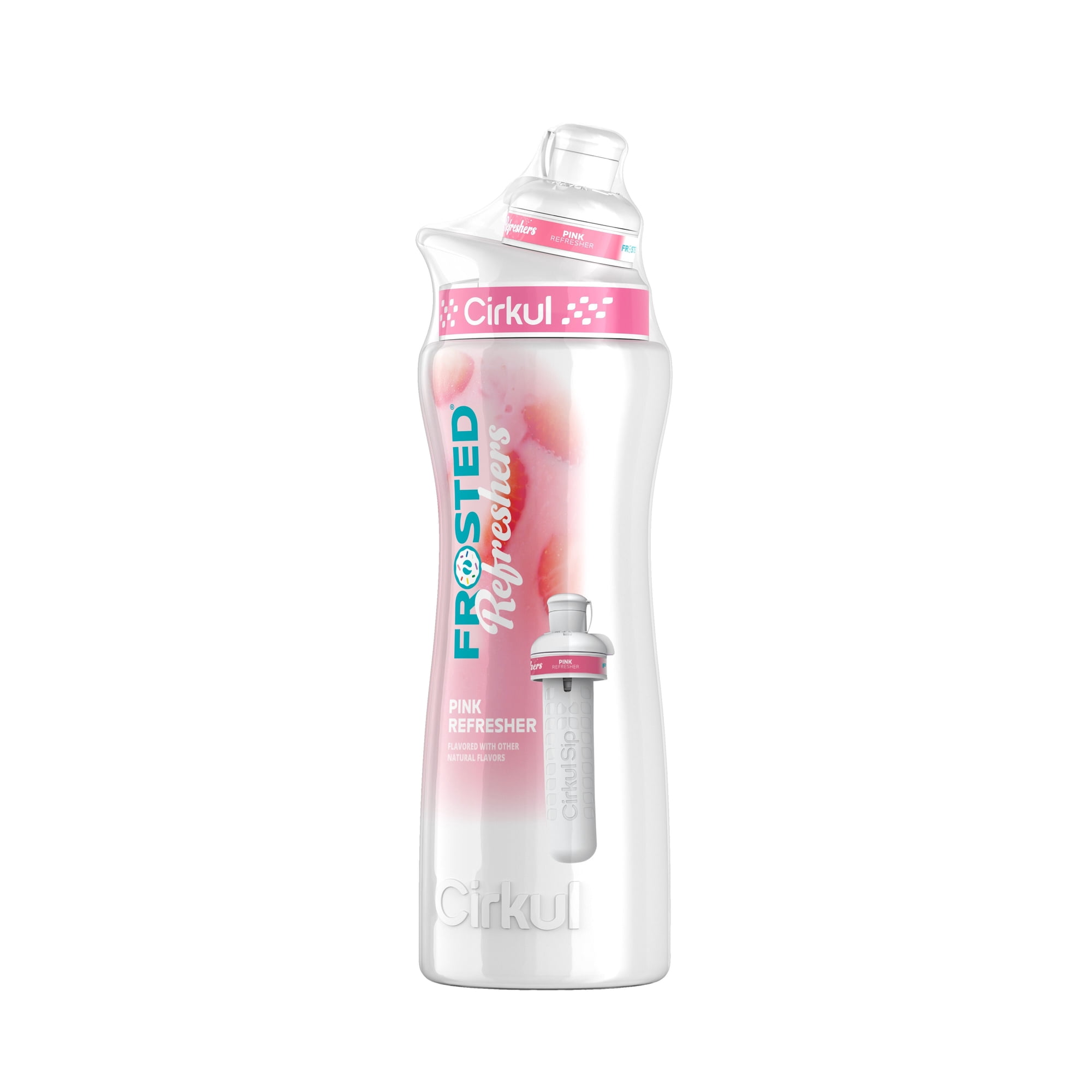 Cirkul 22 oz. White Stainless Steel Bottle with Pink Lid & Frosted Refresher Pink Refresher Flavor Cartridge, No Sugar, Zero Calories