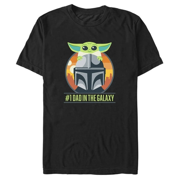 Men's Star Wars: The Mandalorian Grogu and Din Djarin #1 Dad in the Galaxy Piggy Back Cartoon Graphic Tee Black / 1 2X Large
