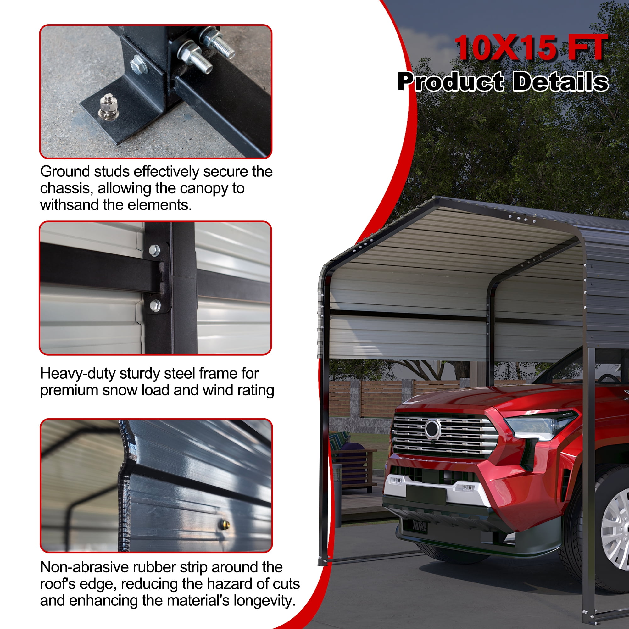 Upgraded 15x10 FT Heavy Duty Metal Carport with Enhanced Base, Extra Thick Galvanized Steel Frame, All-Weather Oversized Outdoor Car Shelter for Cars, Boats, and Tractors