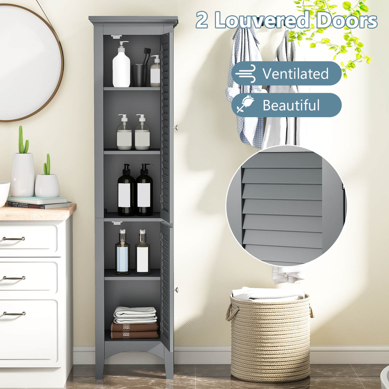 Costway 63” Tall Bathroom Cabinet with 2 Louvered Doors & Adjustable Shelf, Elevated Legs Gray