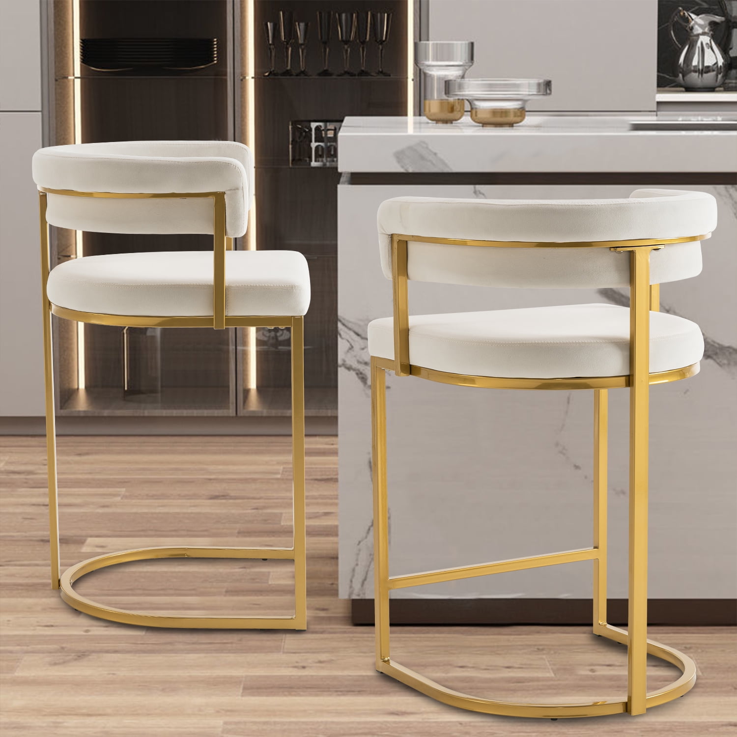 Set of 2 Beige Modern Velvet Bar Stools with Barrel Backrest, Upholstered Seat, and Gold Metal Footrest 25.6 inch Seat Height, Ideal for Counters, Home Bars, and Kitchen Islands