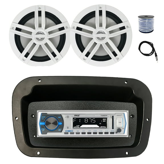 Pyle PLMRB29W Single DIN Bluetooth Marine MP3 Stereo Receiver, Spa bezel, Adapter Plate, 22" Radio Antenna, Wire, 2x 6.5" 180 Watt Peak Power 2-Way Boat Audio Speakers (White)