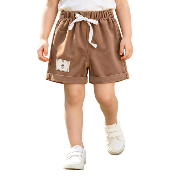 Unisex Kids Solid Casual Shorts, Drawstring Elastic Waist Patch‑Label Roll‑Hem Summer Sports Shorts for Boys Girls 2‑12 Years Old