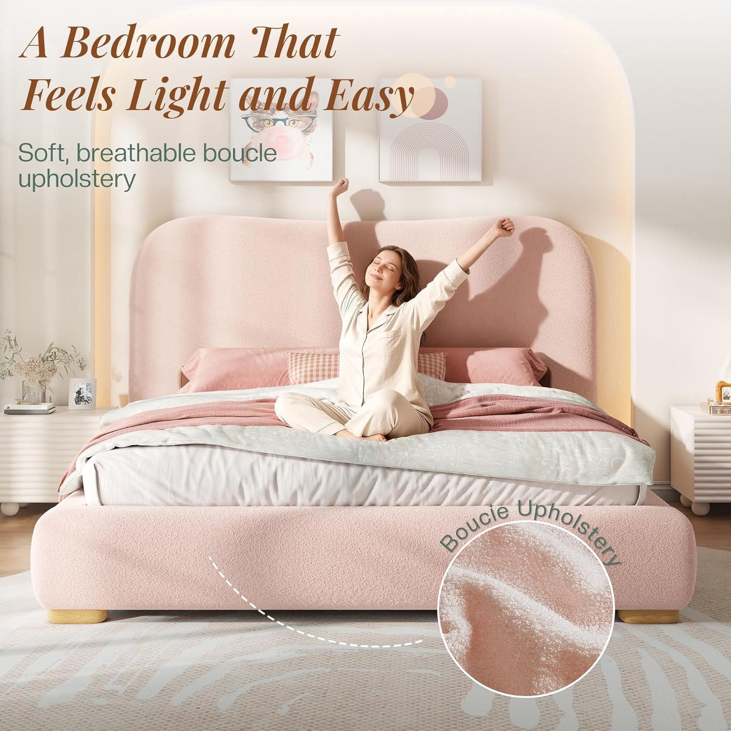 Amerlife Queen Size Cloud Bed Frame, 7.1" Thick Curved Headboard, Modern Upholstered Platform Bed, Easy Assembly, Boucle Pink