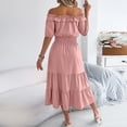 thumbnail image 5 of Gamivast Off The Shoulder Dress for Women Short Sleeve Tie Front Ruffle Dress Smocked Waist Tiered Maxi Dress Solid Boho Dress Beach Vacation Summer, 5 of 8