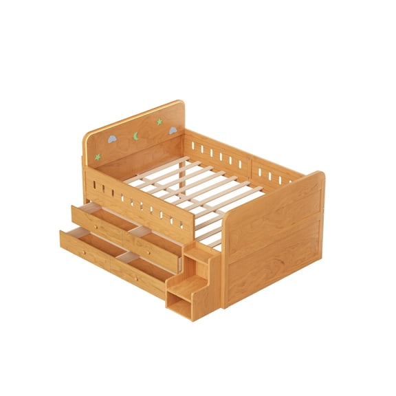 Euroco Wood Full Size Platform Bed with 4 Drawers and LED Light, Low Profile Kids Bed with Storage, White