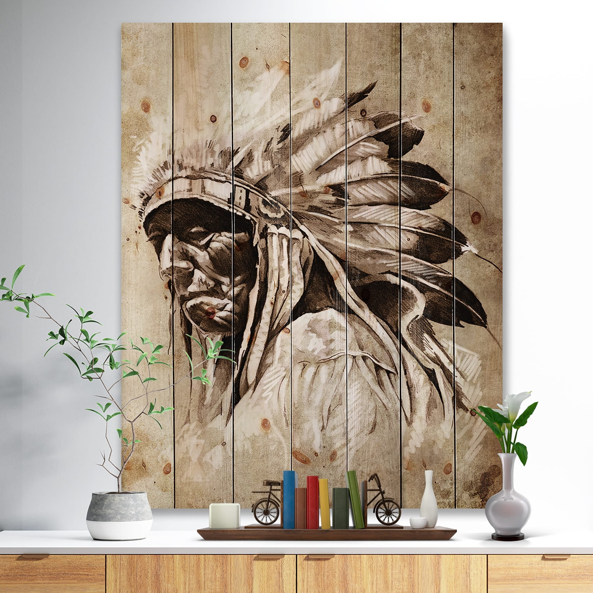 DESIGN ART Designart 'Vintage Style Indian Head Tattoo' Abstract Print on  Natural Pine Wood - Multi-color 15 in. wide x 20 in. high - Walmart.com