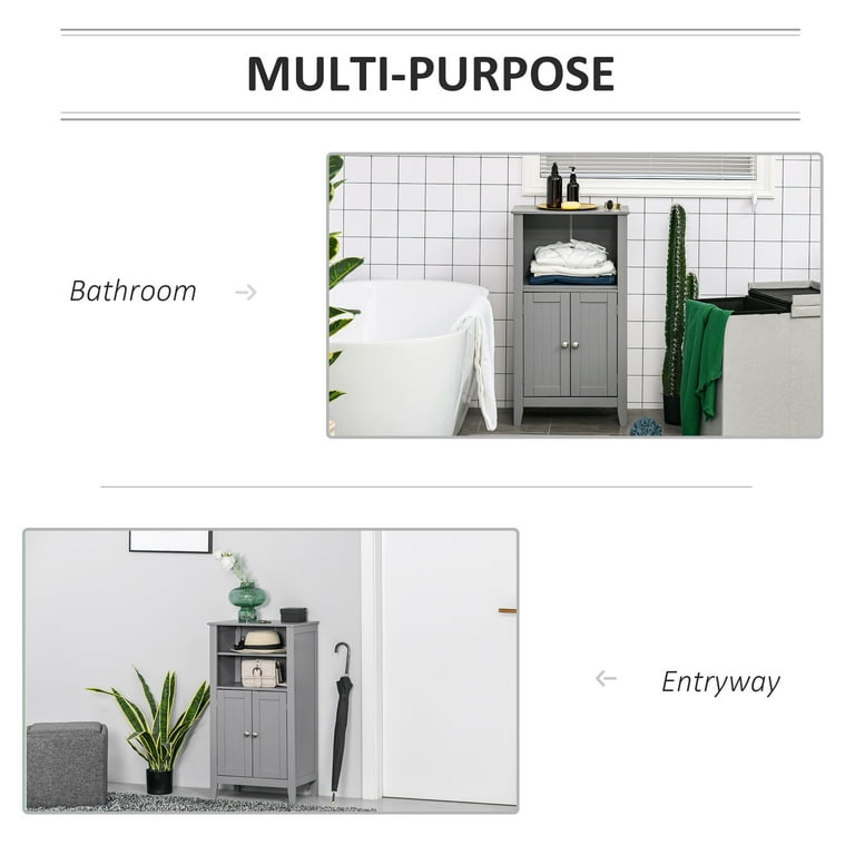 Kleankin Freestanding Bathroom Floor Cabinet - 2-Door Storage Unit With Adjustable Shelves, Soft Close, Grey