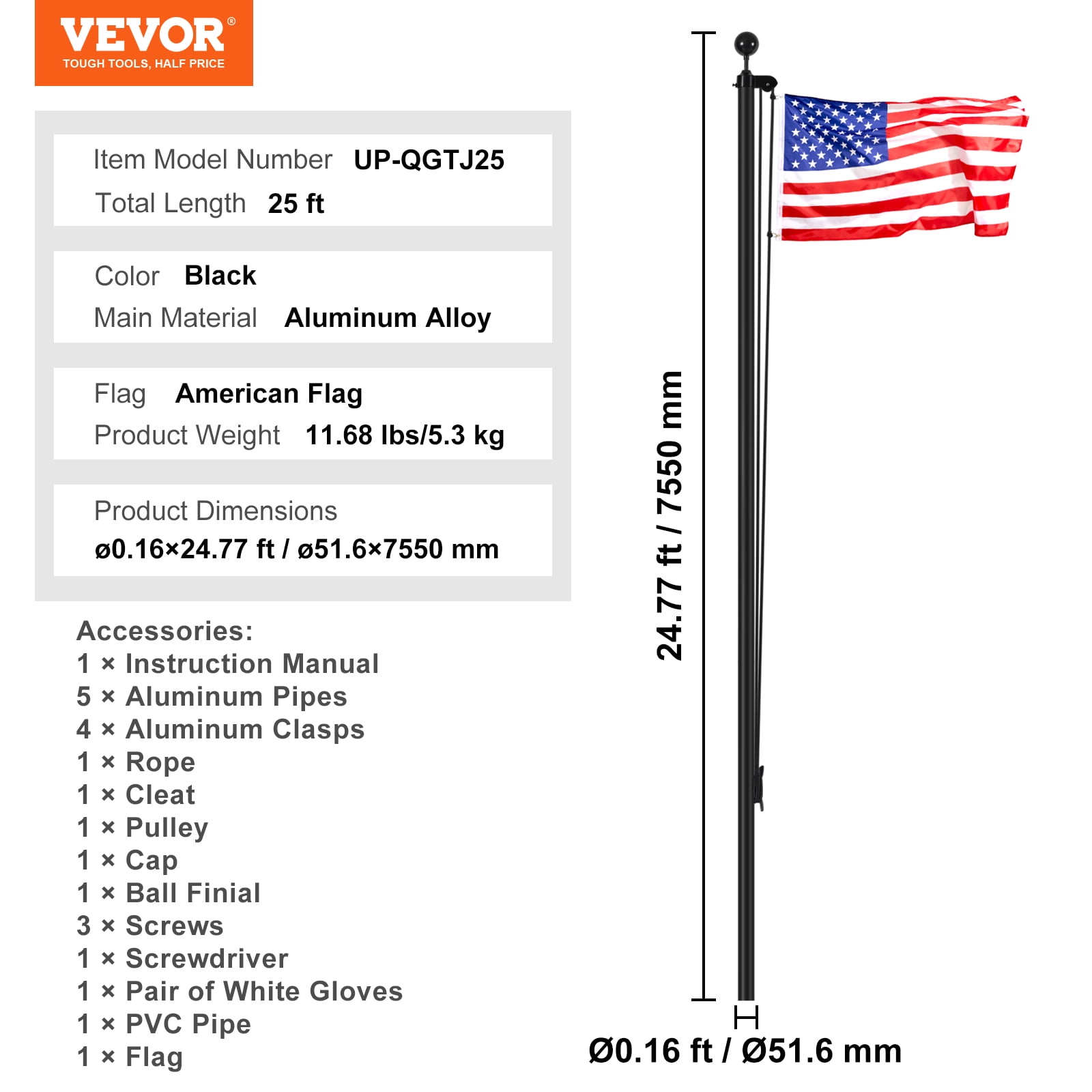 VEVOR 25FT Sectional Flag Pole Kit, Heavy Duty Aluminum Alloy in Ground Flag Poles for Outside, 3 Display Modes Flagpole with 3x5 American Flag, Professional Accessories, Black
