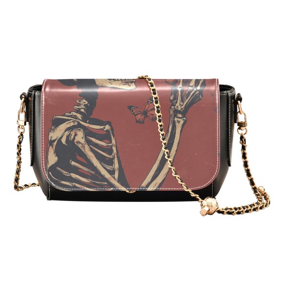 Leather Clamshell Crossbody Bag 10.4x5.5x3.7Inch Women's Crossbody Handbags Shoulder Purse Bank Card Bag Cash Bag Key Bag Skeletons and Big Butterflies