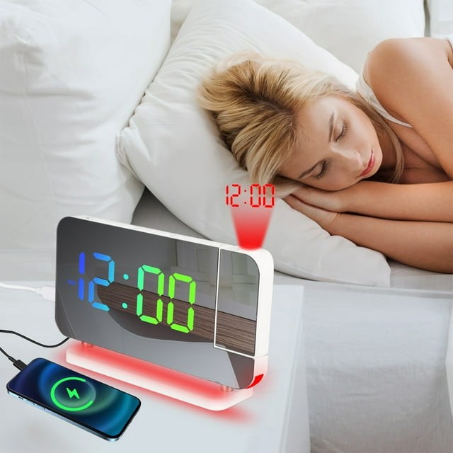 COFEST Multi-functional LED Projection Alarm Clock with Temperature & Humidity Display, USB Charging Port for Smartphones - 8-Inch Screen, 5m Projection Distance, 180° Viewing Angle White