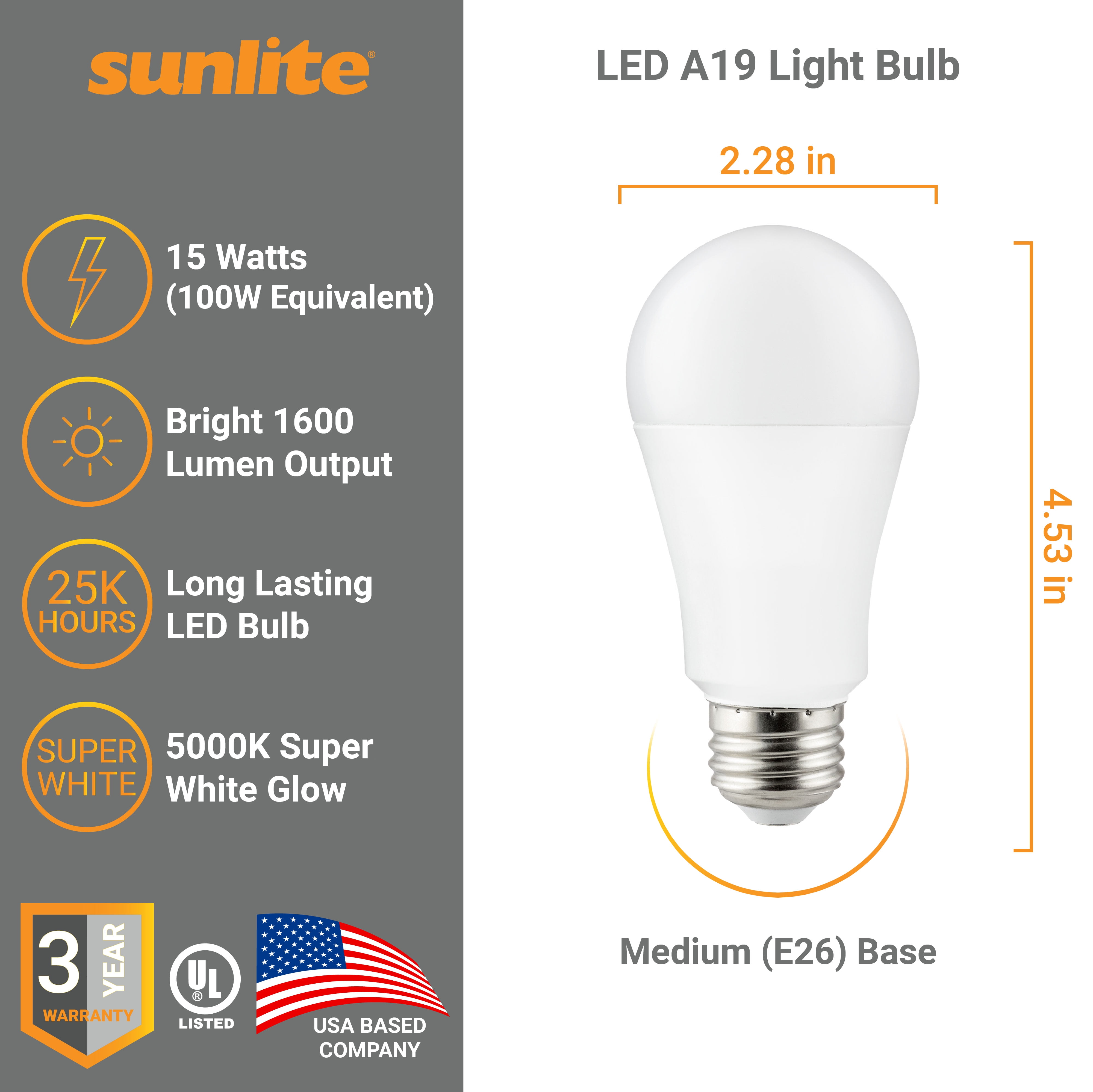 Sunlite LED A19 Light Bulb, 15 Watts (100W Equivalent), 1600 Lumens, Medium E26 Base, Dimmable, UL Listed, Frost, 5000K Daylight, 6 Pack
