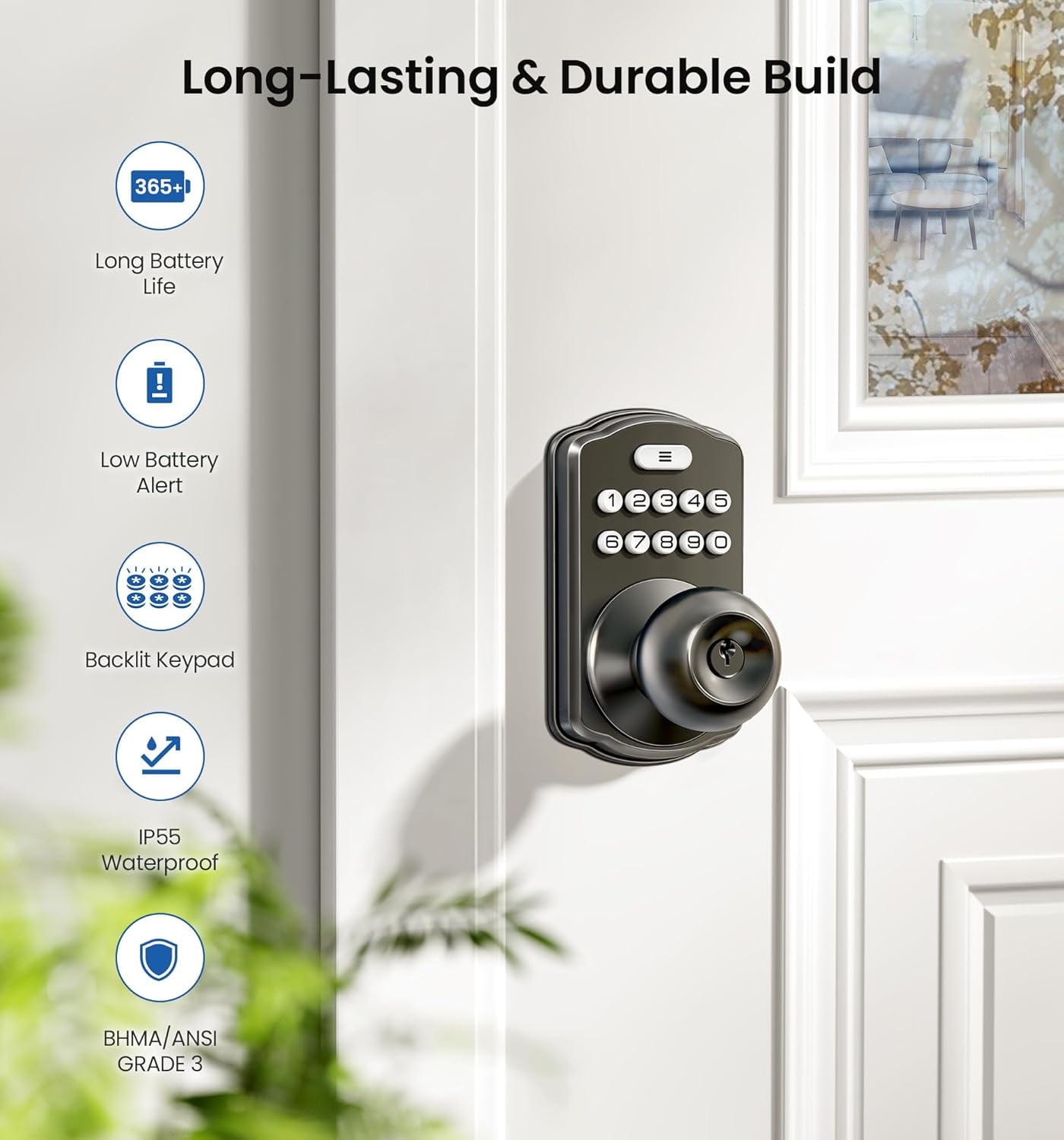 Veise Keypad Door Knob Lock, Keyless Entry Digital Lock for Front Door & Bedroom, Easy Installation, Auto-Locking, Matte Black