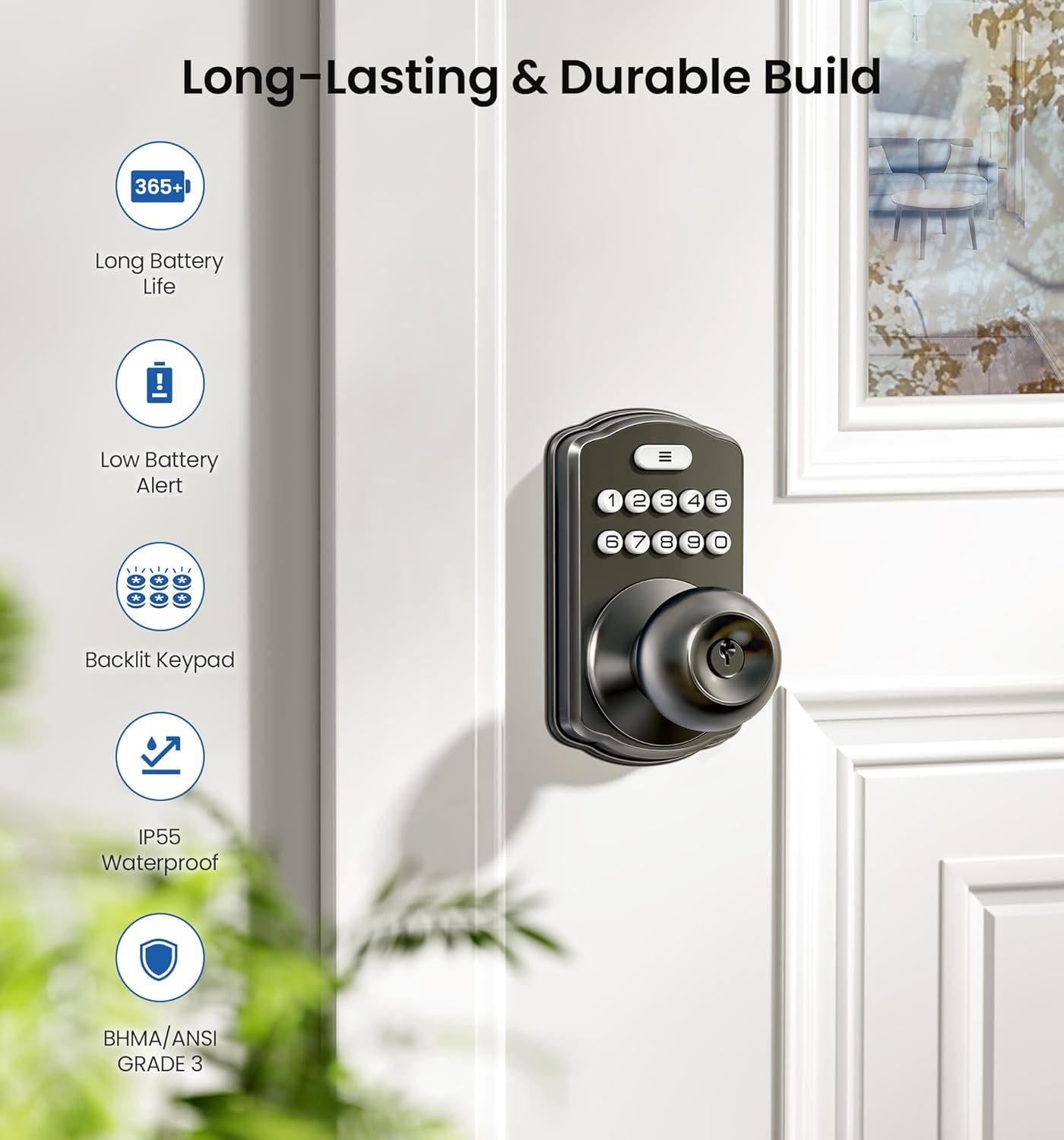 Veise Keypad Door Knob Lock, Keyless Entry, Matte Black photo 4