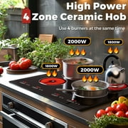 Advwin 4 Burner Electric Stove Top,24 Inch Built-in Electric Stove Top,6000W Electric Ceramic Cooktop with 4H Timer, Kid Safety Lock and Knob Control, 9 Heating Level,220v(No Plug)