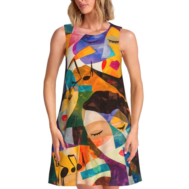 Fotbe Abstract Musical Faces Vestido de Verano sin Mangas para Mujer – Vestido Midi Línea A, Estilo Camiseta Floral, Vestido Playero Casual y Fluido