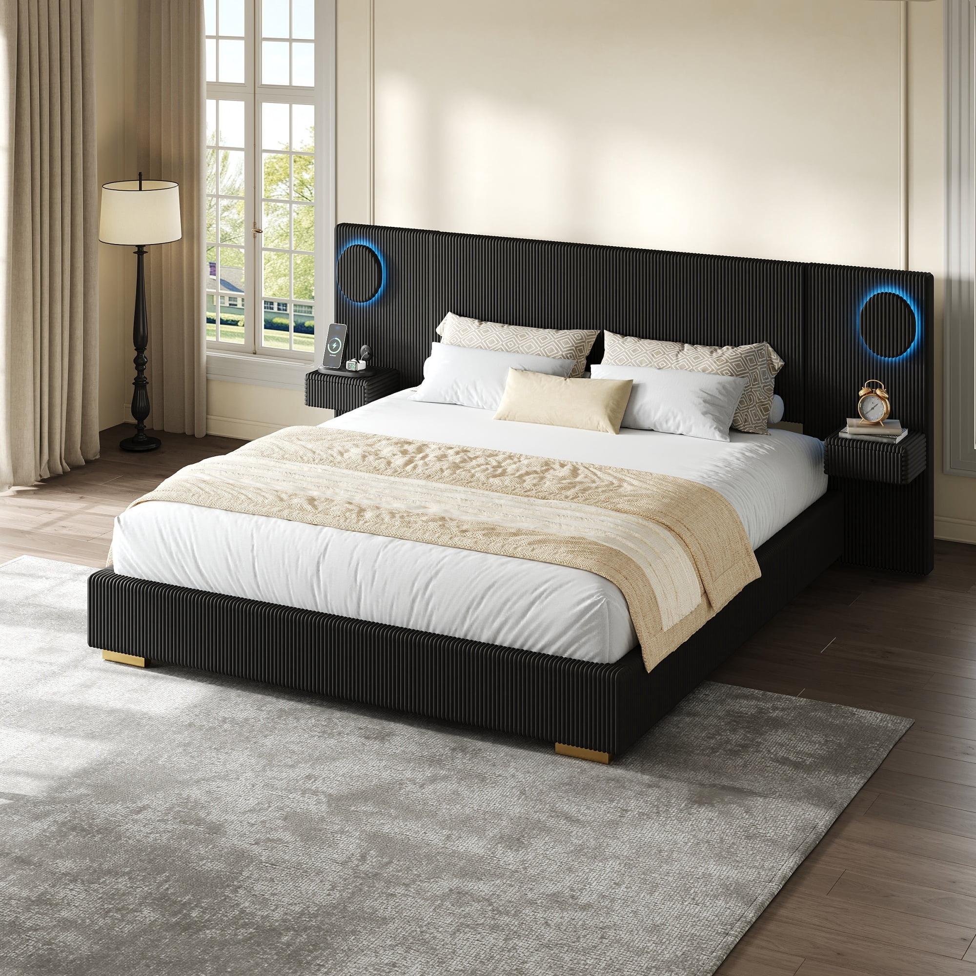Euroco Upholstery King Size Platform Bed with LED Light and Drawers, High Headboard Design with Bedside Tables and USB Ports, No Box Spring Needed, Black
