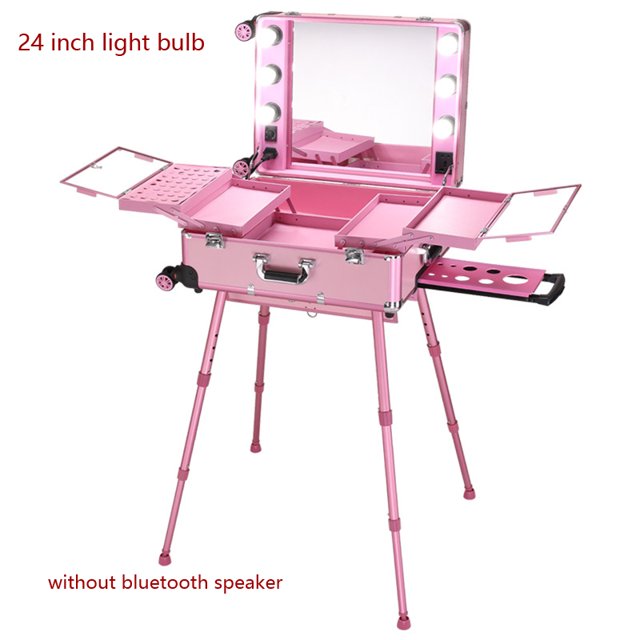 Estuche plegable de viaje para cosméticos, mesa de maquillaje profesional con espejo LED, carro de equipaje para cosméticos, estuche de equipaje rodante