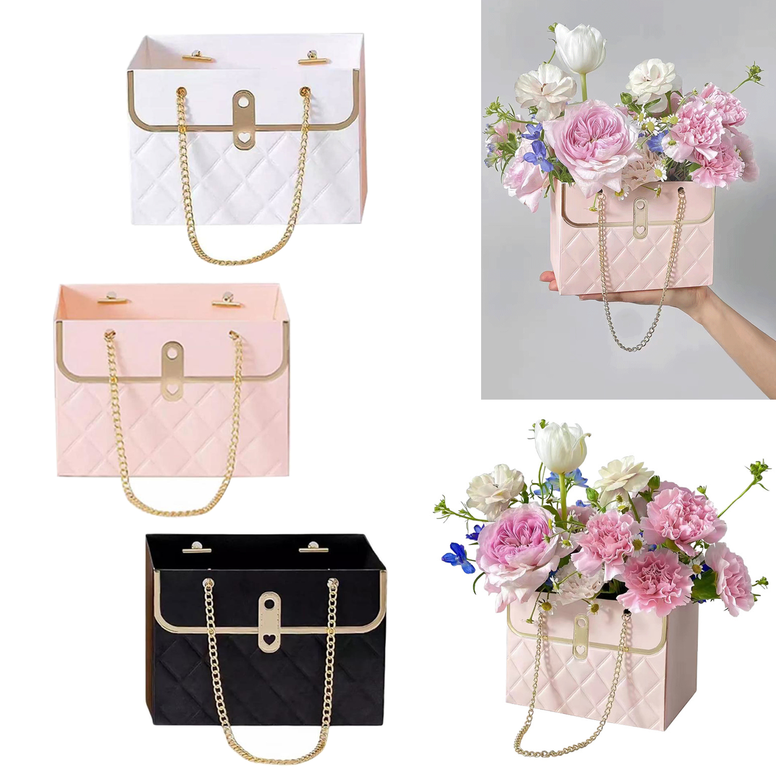 BEISHIDA 4PCS Pink Rectangle Flower Bouquet Boxes Craft Paper Gift Bag with  Handle for Bouquet Packaging Floral Wrap Florist Supplies Basket