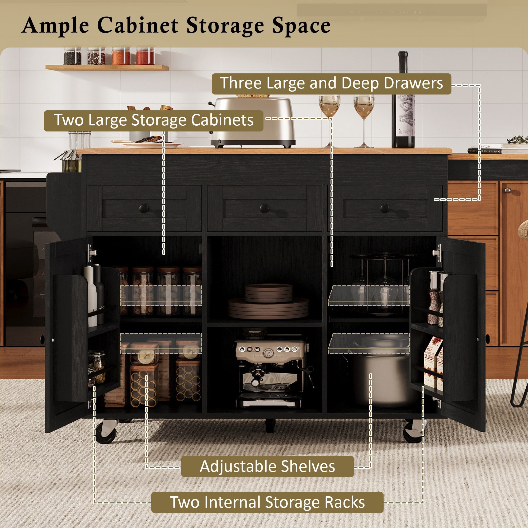DEALTOPS 85.8" Rolling Kitchen Island on Wheels with Power Outlet, Extendable Table with Side Shelves, Black