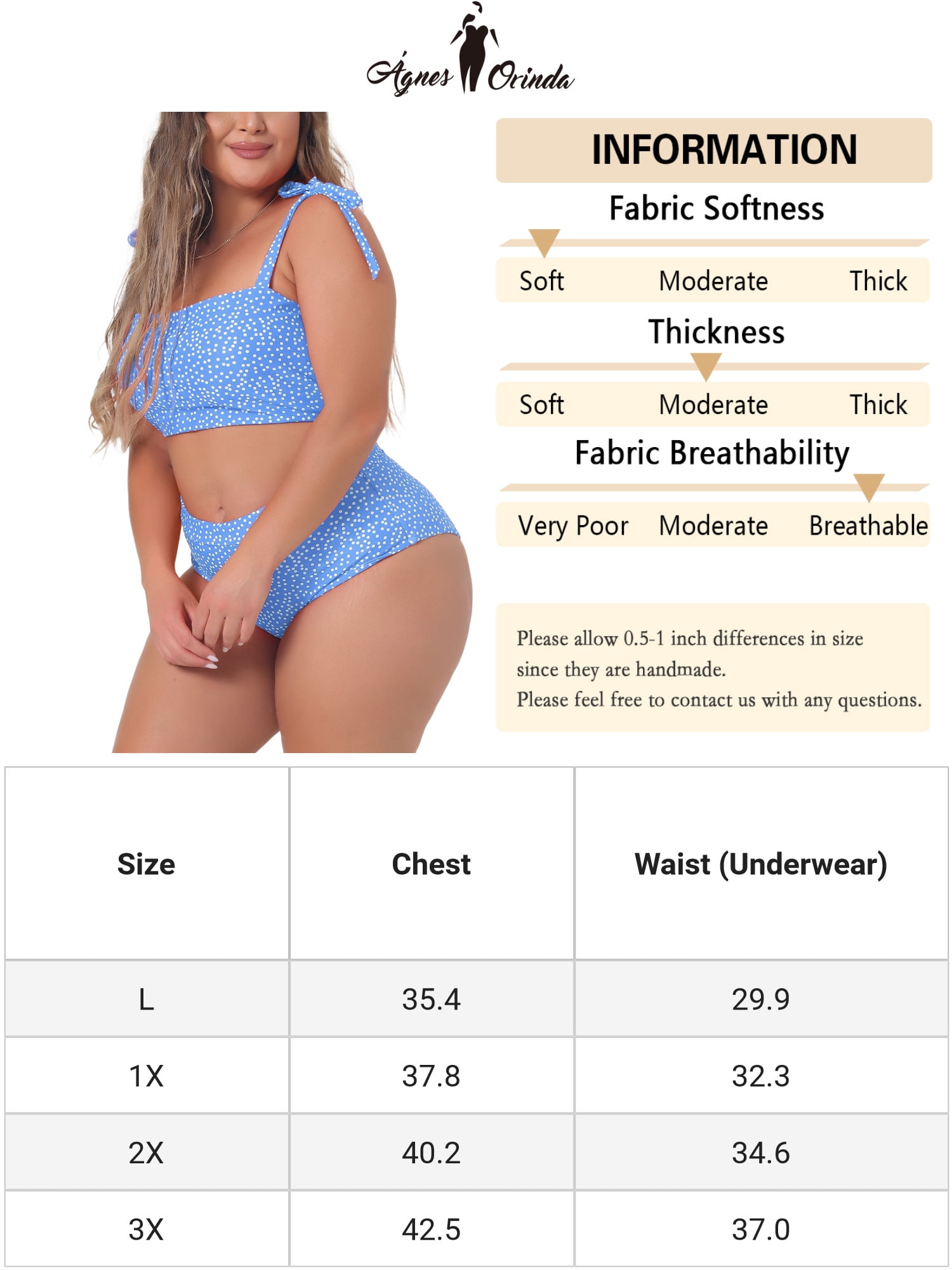 DARING DIVA Women's Plus 2pcs Polka Dots Bikini Bandeau Suits L Light Blue